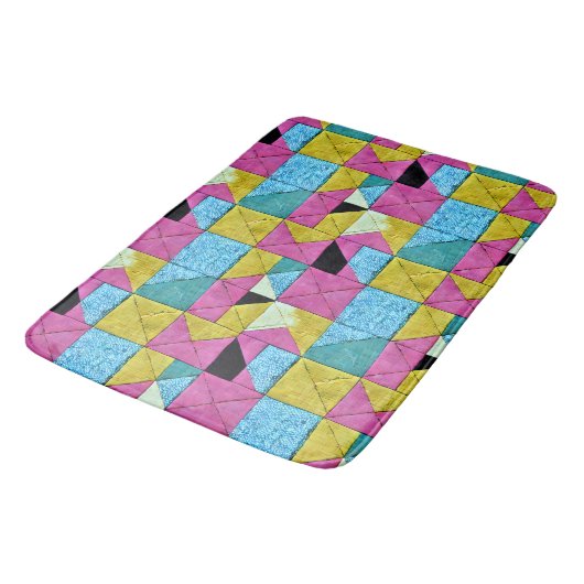 Boho Faux Patchwork Quilt Pink Yellow Blue Badmat (Gekanteld)