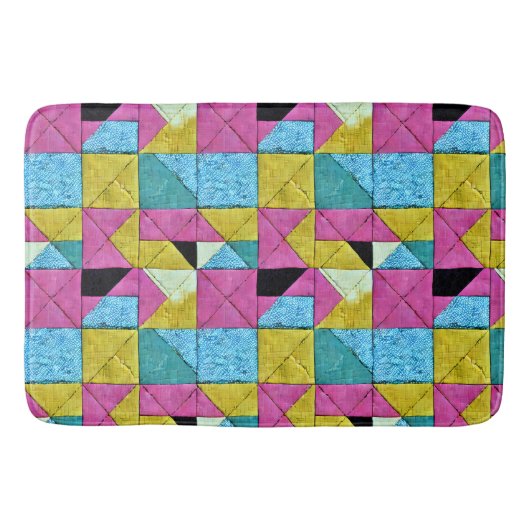 Boho Faux Patchwork Quilt Pink Yellow Blue Badmat (Voorkant)