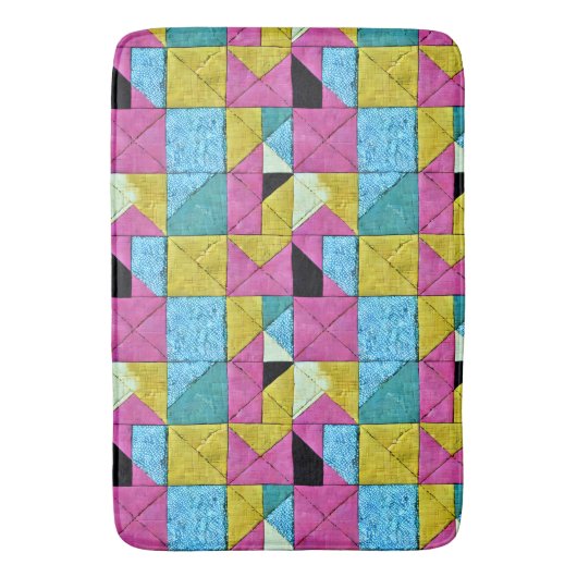 Boho Faux Patchwork Quilt Pink Yellow Blue Badmat (Voorkant Verticaal)