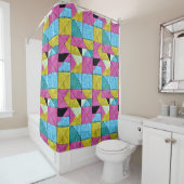 Boho Faux Patchwork Quilt Pink Yellow Blue Douchegordijn (In situ)
