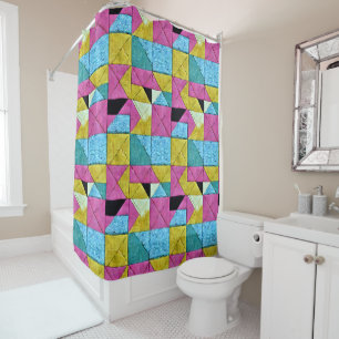 Boho Faux Patchwork Quilt Pink Yellow Blue Douchegordijn