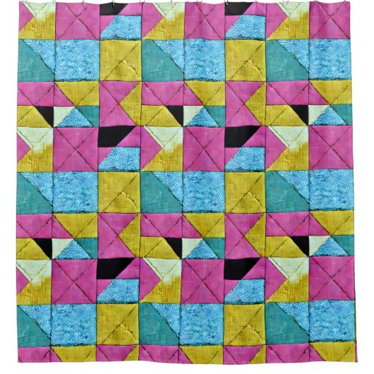 Boho Faux Patchwork Quilt Pink Yellow Blue Douchegordijn (Voorkant)