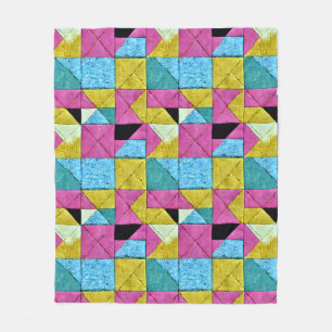 Boho Faux Patchwork Quilt Pink Yellow Blue Fleece Deken