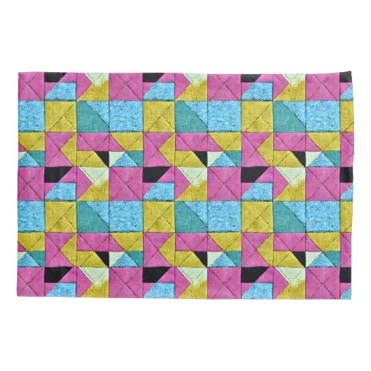 Boho Faux Patchwork Quilt Pink Yellow Blue Kussensloop (Achterkant)