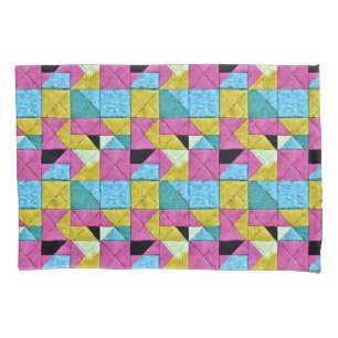 Boho Faux Patchwork Quilt Pink Yellow Blue Kussensloop