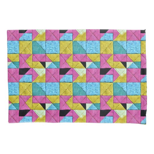Boho Faux Patchwork Quilt Pink Yellow Blue Kussensloop (Voorkant)