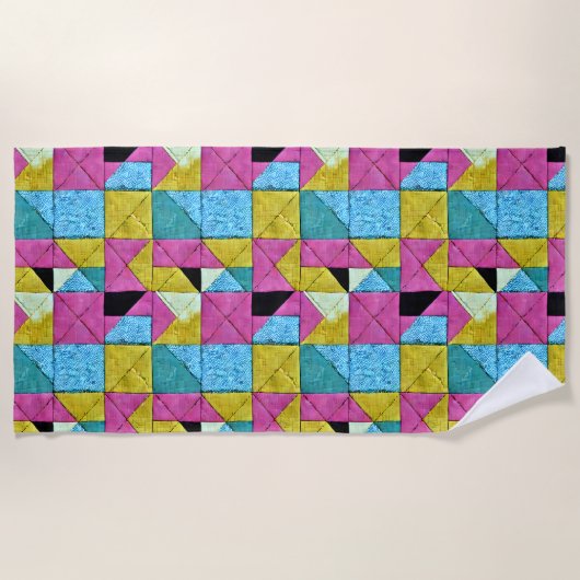 Boho Faux Patchwork Quilt Pink Yellow Blue Strandlaken (Voorkant)