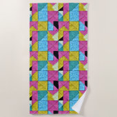 Boho Faux Patchwork Quilt Pink Yellow Blue Strandlaken (Voorkant)