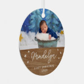 Boho Faux Wood Baby's eerste kerstfoto Metalen Ornament (Voorkant Rechts)