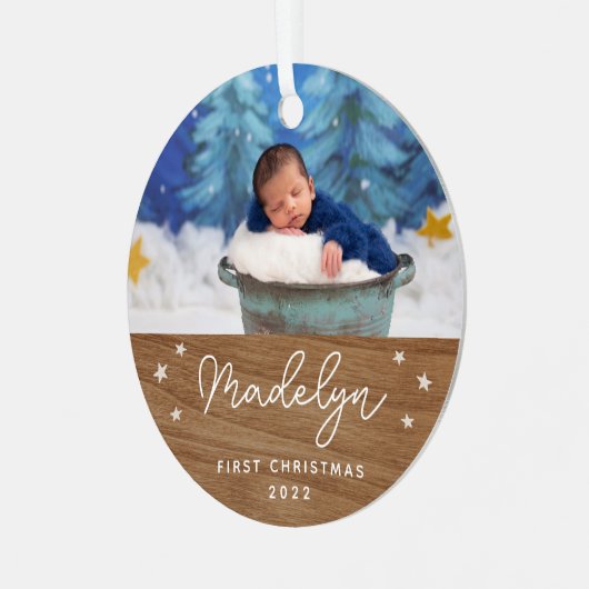 Boho Faux Wood Baby's eerste kerstfoto Metalen Ornament (Voorkant links)