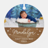 Boho Faux Wood Baby's eerste kerstfoto Metalen Ornament (Achterkant)