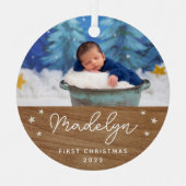 Boho Faux Wood Baby's eerste kerstfoto Metalen Ornament (Voorkant)