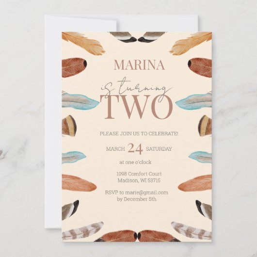 Boho Feather 2e Verjaardag Uitnodiging – Terracott (Voorkant)