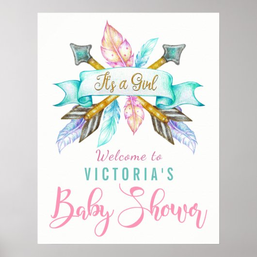 Boho Feather Arrow Baby shower Sign Poster (Voorkant)