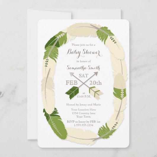 Boho Feather & Arrow Green Baby shower Invitation Kaart (Voorkant)