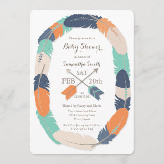 Boho Feather & Arrow Navy Oranje Blauwgroen Baby s Kaart