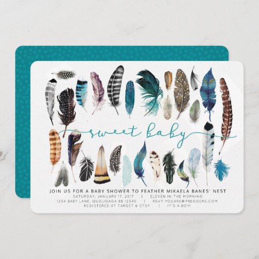 Boho Feather Baby shower Invitation Kaart (Voorkant / Achterkant)