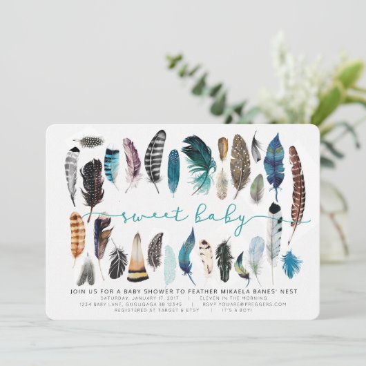 Boho Feather Baby shower Invitation Kaart (Staand voorkant)