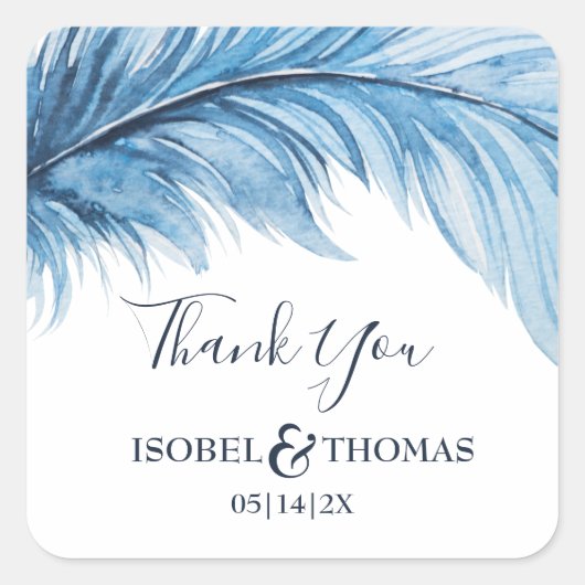 Boho Feather Blue & White Wedding Dank je Vierkante Sticker (Voorkant)