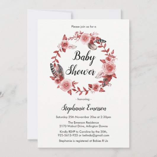 Boho Feather Bourgondië Blush Baby shower Invitati Kaart (Voorkant)