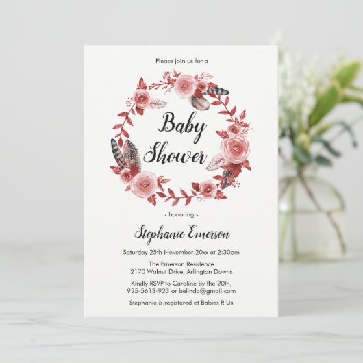 Boho Feather Bourgondië Blush Baby shower Invitati Kaart (Staand voorkant)