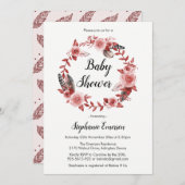 Boho Feather Bourgondië Blush Baby shower Invitati Kaart (Voorkant / Achterkant)
