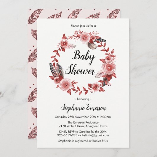 Boho Feather Bourgondië Blush Baby shower Invitati Kaart (Voorkant / Achterkant)