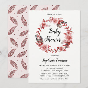 Boho Feather Bourgondië Blush Baby shower Invitati Kaart