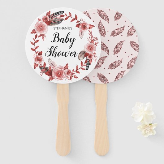 Boho Feather Bourgondië Roos krans Baby shower Handwaaier (Voorkant en achterkant)