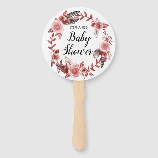 Boho Feather Bourgondië Roos krans Baby shower Handwaaier (Voorkant)