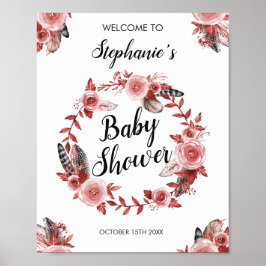 Boho Feather Bourgondië Roos krans Baby shower Poster
