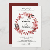 Boho Feather Bourgondië Roos krans bruiloft Kaart (Voorkant / Achterkant)