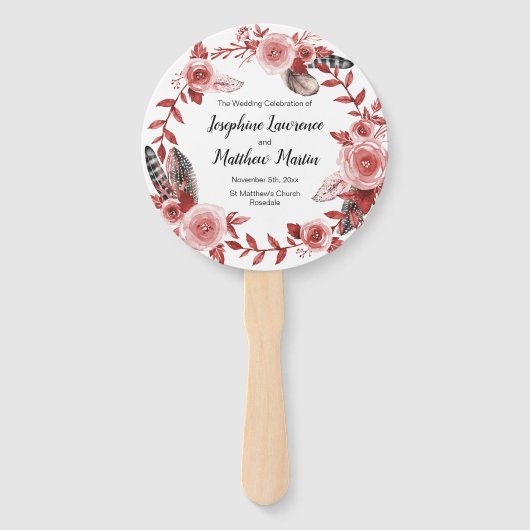Boho Feather Bourgondië Roos krans bruiloft progra Handwaaier (Voorkant)