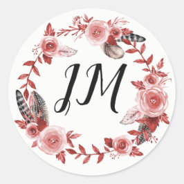 Boho Feather Bourgondië Roos krans Monogram bruilo Ronde Sticker