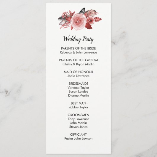 Boho Feather Bourgondië Roos Trouwprogramma's Programmakaart (Achterkant)