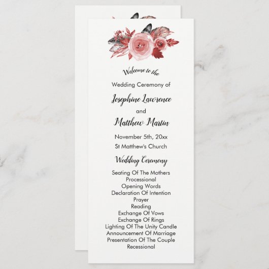 Boho Feather Bourgondië Roos Trouwprogramma's Programmakaart (Voorkant / Achterkant)