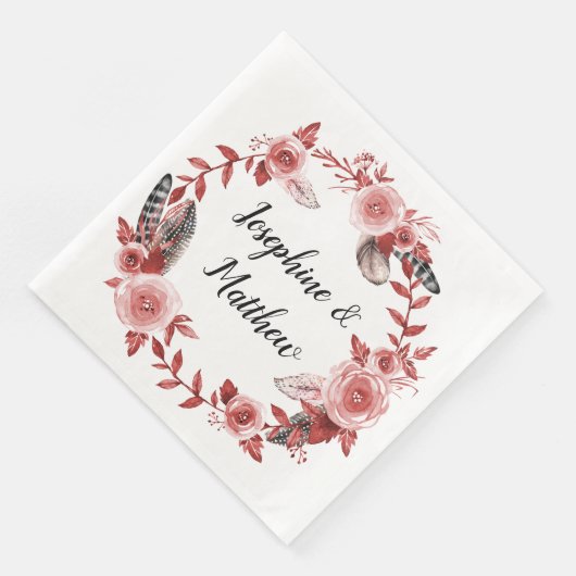 Boho Feather Bourgondië Roos Waterverf krans Servet (Hoek)