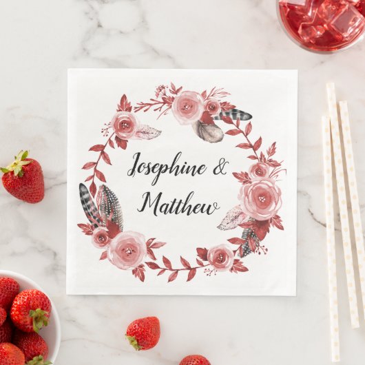 Boho Feather Bourgondië Roos Waterverf krans Servet (Insitu)