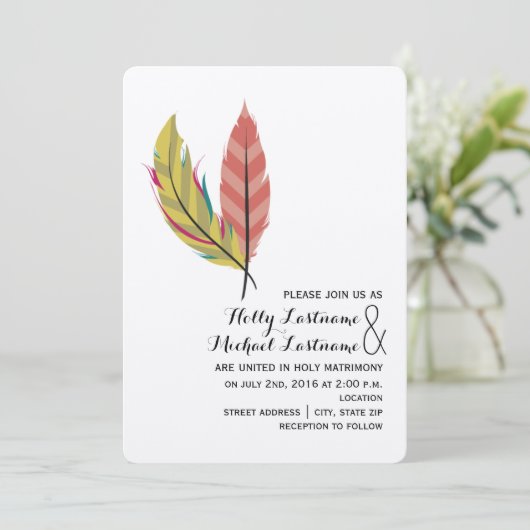 Boho Feather bruiloft uitnodiging (Staand voorkant)