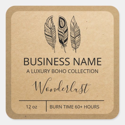 Boho Feather Design Kraft Paper Soy Candle Labels (Voorkant)