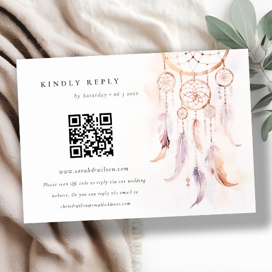 Boho Feather Dreamcatcher Wedding RSVP QR Code Informatiekaartje