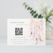 Boho Feather Dreamcatcher Wedding RSVP QR Code Informatiekaartje (Staand voorkant)