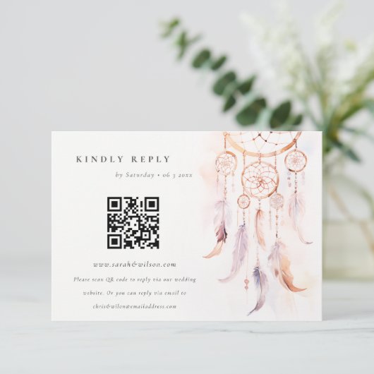 Boho Feather Dreamcatcher Wedding RSVP QR Code Informatiekaartje (Staand voorkant)