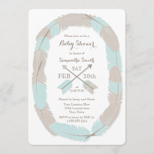 Boho Feather en Arrow Blue Baby shower Invitation Kaart