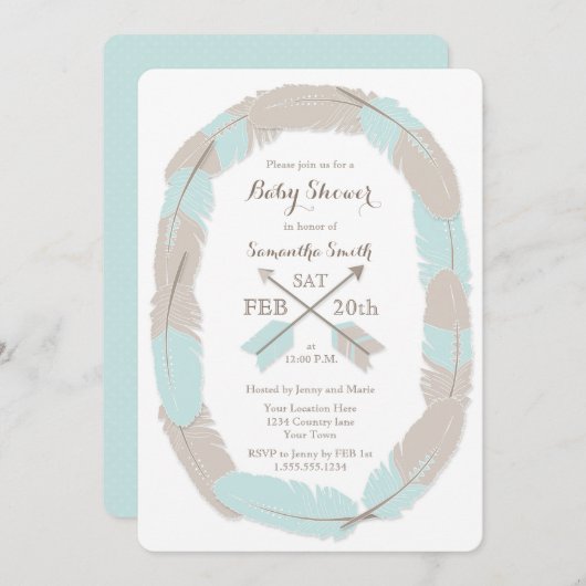Boho Feather en Arrow Blue Baby shower Uitnodiging (Voorkant / Achterkant)
