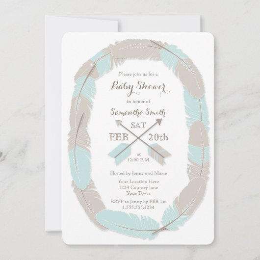 Boho Feather en Arrow Blue Baby shower Uitnodiging (Voorkant)