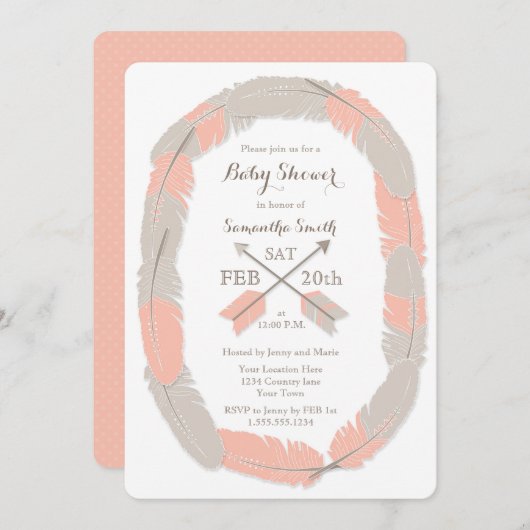 Boho Feather en Arrow Girl Baby shower Uitnodiging (Voorkant / Achterkant)