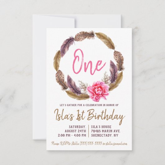 Boho Feather en Floral Wreath Birthday Invitation Kaart (Voorkant)