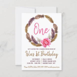 Boho Feather en Floral Wreath Birthday Invitation Kaart