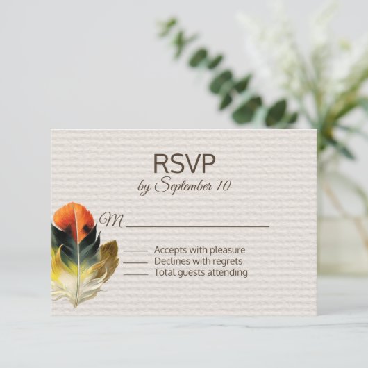 Boho Feather Fall Wedding RSVP Kaartje (Staand voorkant)